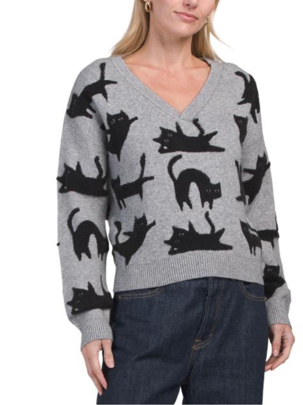 NWT Sincerely Jules V-Neck Gray Yoga Cat Pattern Pullover Sweater - S